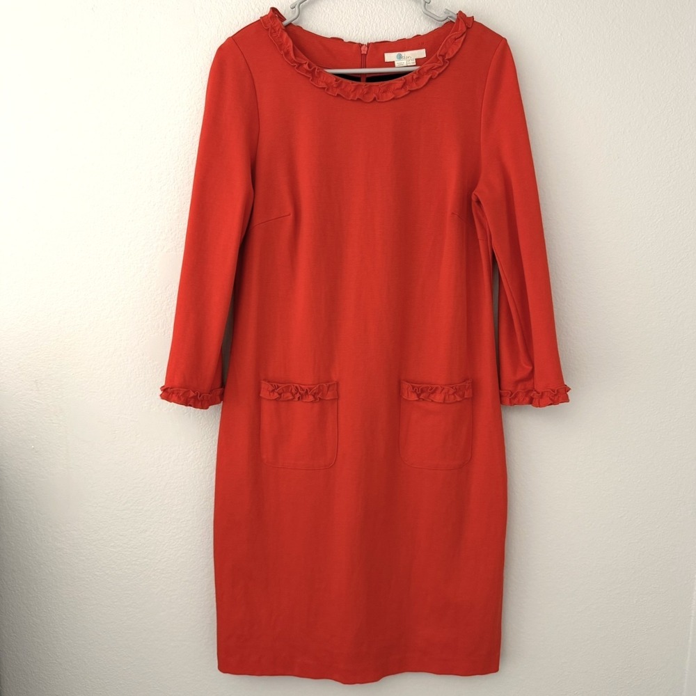 Boden Size-US 10R Miranda Red-Orange Ponte Knit Ruffle Trim Dress 3/4 Sleeve